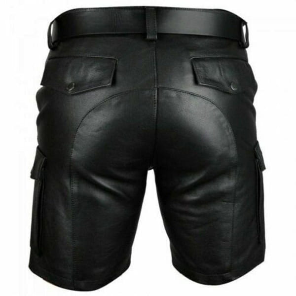 men’s black pu leather cargo shorts shown from the back with two back pockets and side cargo pockets