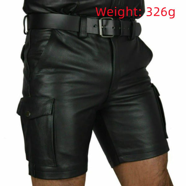 men’s black pu leather cargo shorts with multi pockets featuring a matte finish and reinforced stitching