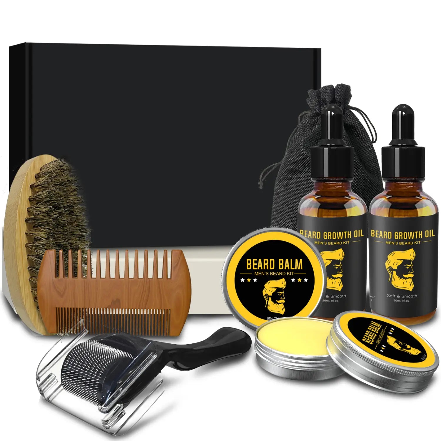 Bartpflege-Kit 8-teiliges Grooming-Set mit Öl und Balsam mit Holz-Kamm, Borstenbürste, Metall-Grooming-Werkzeug, bernsteinfarbenen Glasfläschchen mit schwarzen Pipetten sowie silbernen Balsam-Behältern in der Dose.