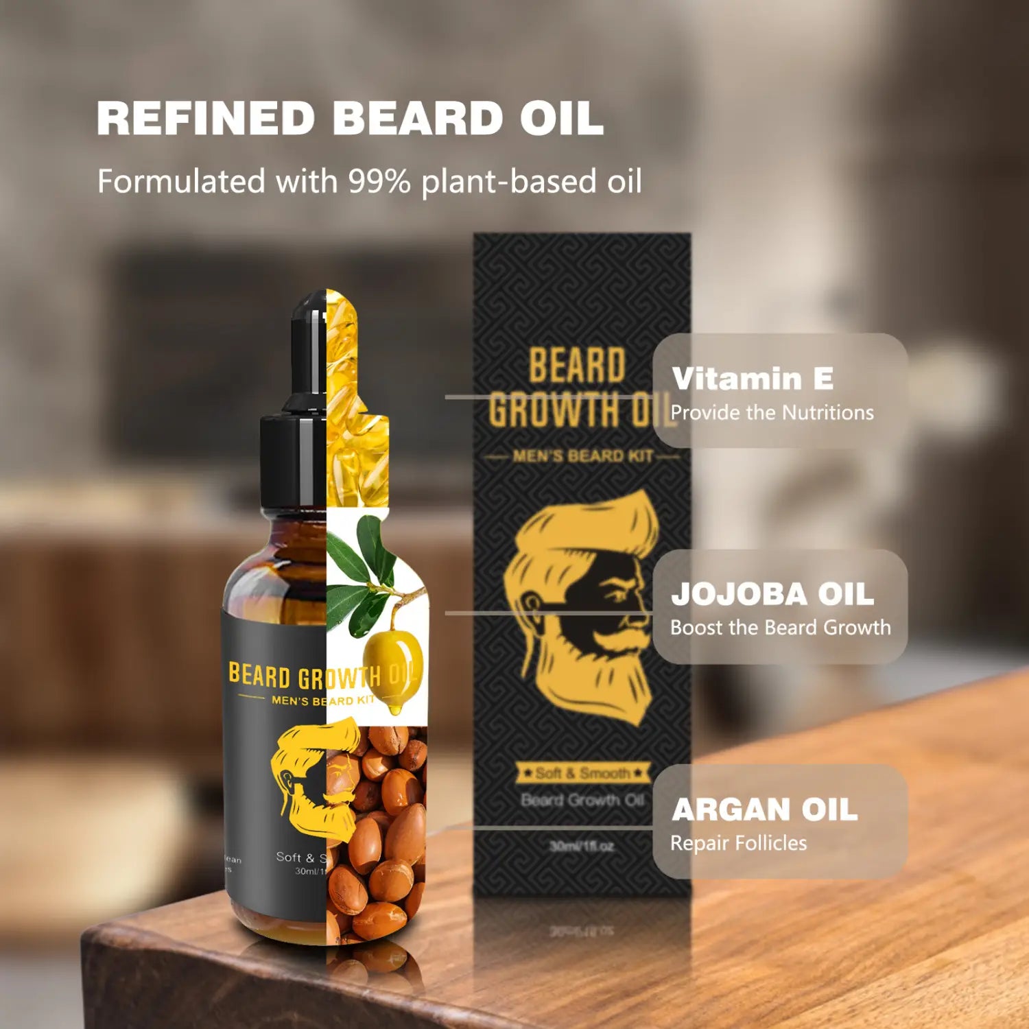 Schwarze Glasflasche mit schwarzer Pipettenkappe, beschriftet mit Bartwachstumsöl in goldenen Lettern auf dunklem Etikett mit Abbildung von Argan-Nüssen und Olivenzweigen, aus dem Beard Care Kit 8-teiligen Grooming-Set mit Öl und Balsam.