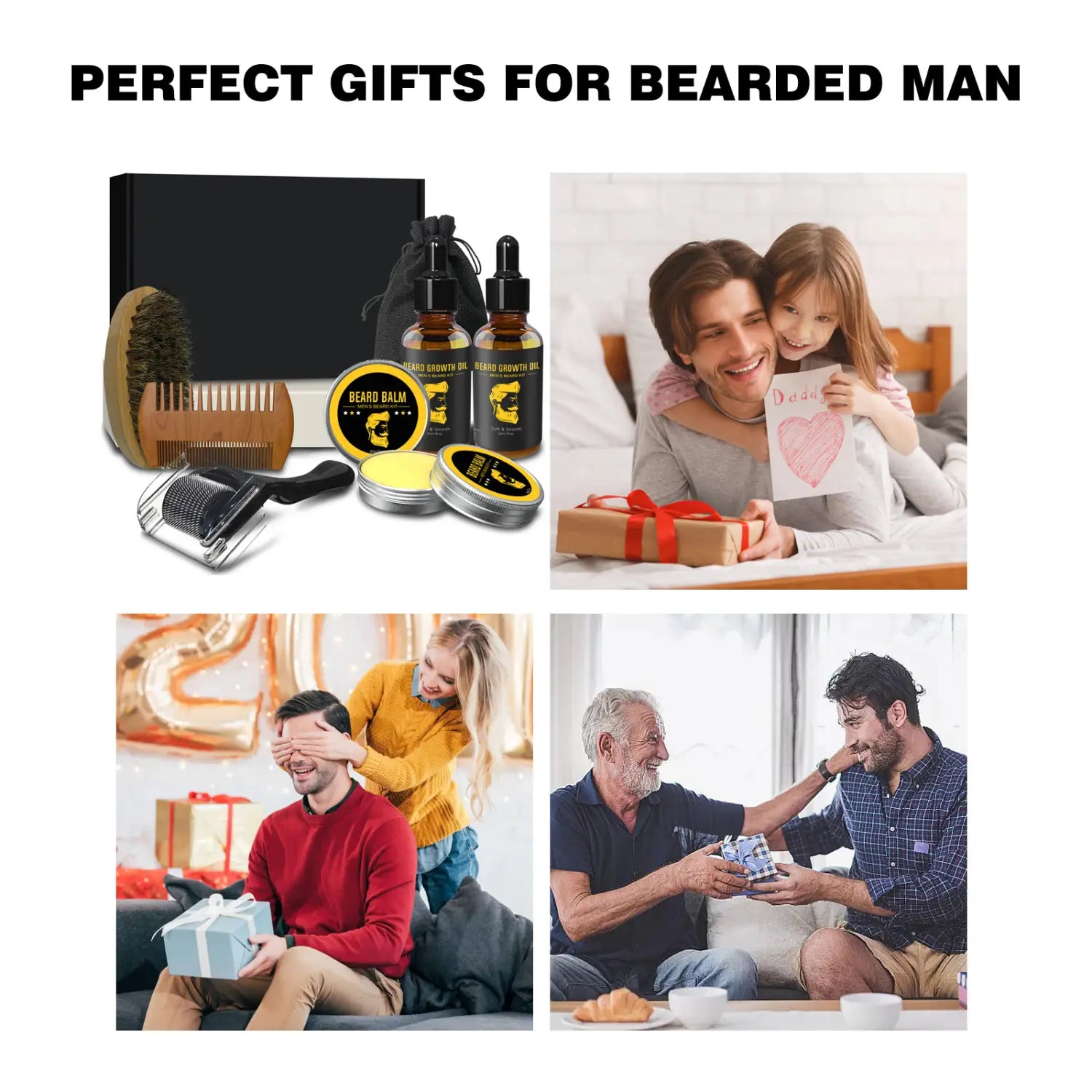 Bartpflege-Kit 8-teiliges Grooming-Set mit Holz-Kamm, Borstenbürste, Metall-Hautroller sowie drei bernsteinfarbenen Glasfläschchen mit schwarzen Etiketten zur Anwendung von Öl und Balsam.