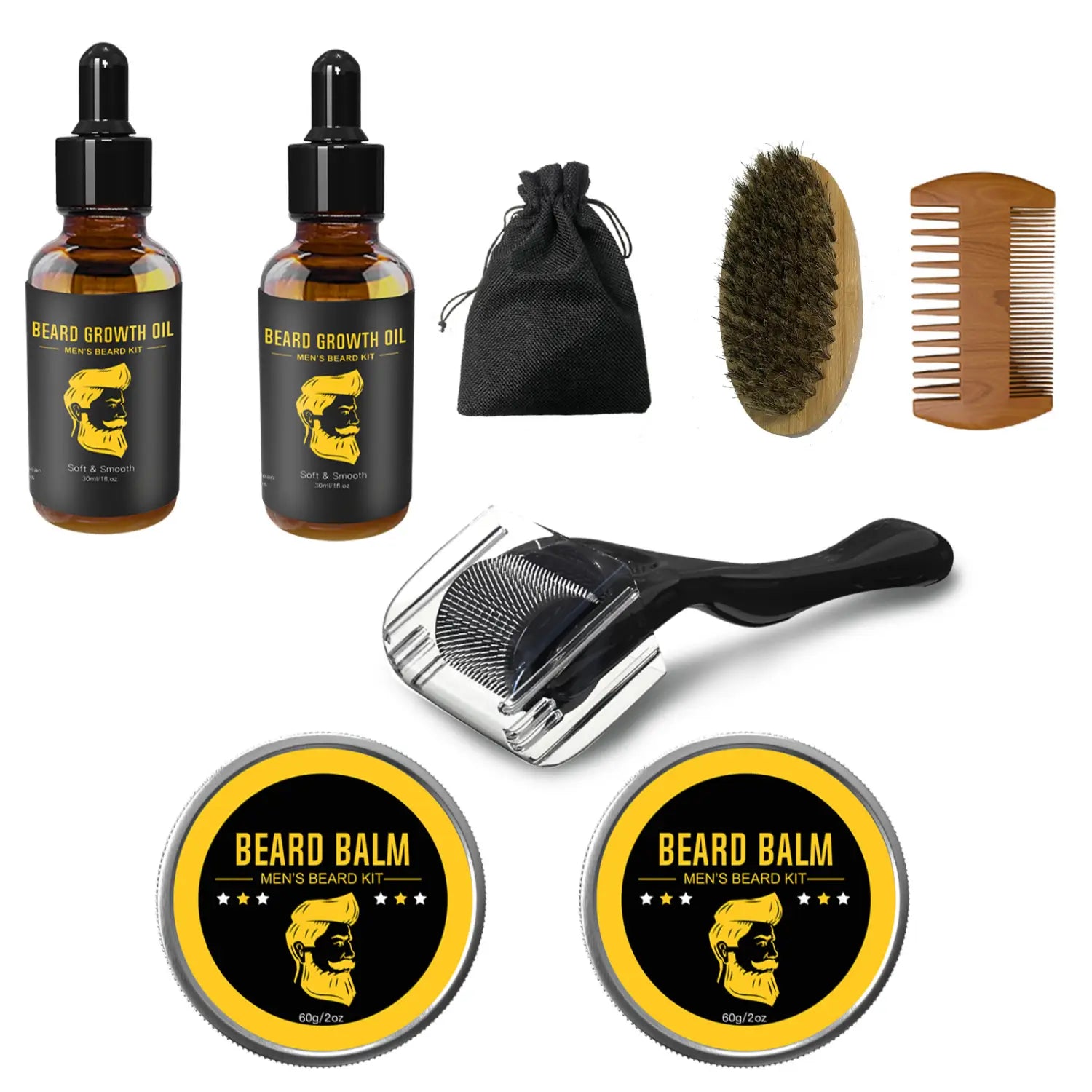 Bartpflege-Kit 8-teiliges Grooming-Set mit zwei bernsteinfarbenen Glasflaschen Bartwachstumsöl, einem schwarzen Kordbeutel, einer Holzbürste und einem Kamm mit Borsten, einem silbernen Derma-Roller mit Griff sowie zwei runden, gelb beschrifteten Gläsern mit Bartbalsam.