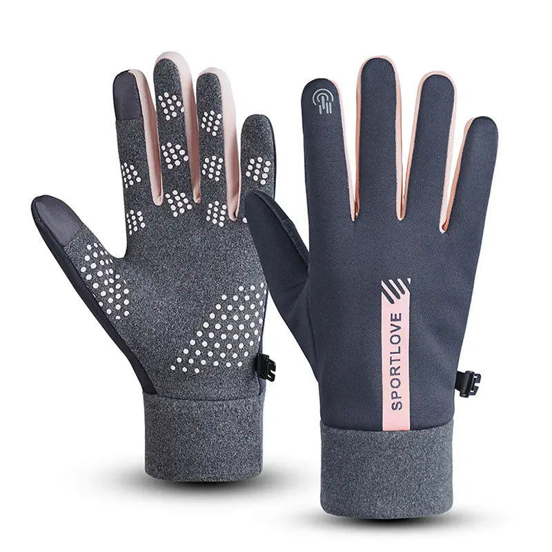 dark gray and pink touchscreen sports gloves with water repellent fleece material and textured grip dots on the palms for warmth and enhanced grip