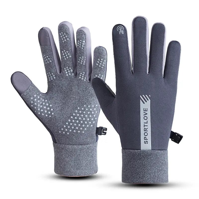 Back side of gray touchscreen sports gloves with white dotted grip patterns fleece warm and water repellent featuring a sportlove logo stripe