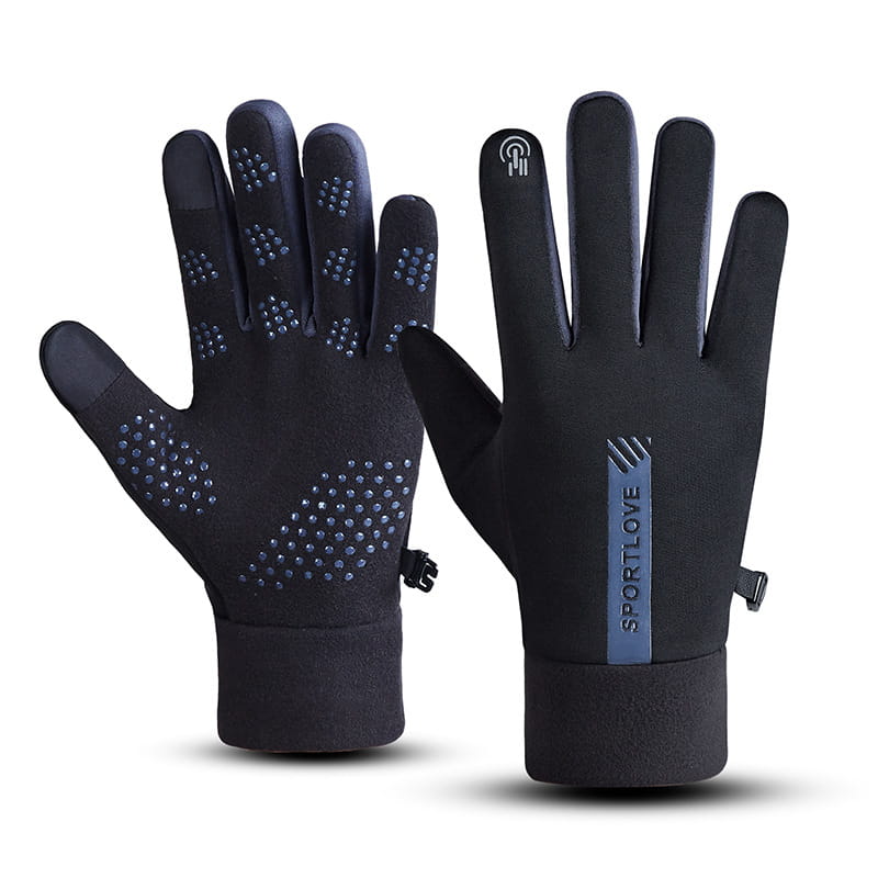 Black touchscreen sports gloves with blue dotted grip patterns fleece warm water repellent back side featuring a sportlove logo stripe on the wrist