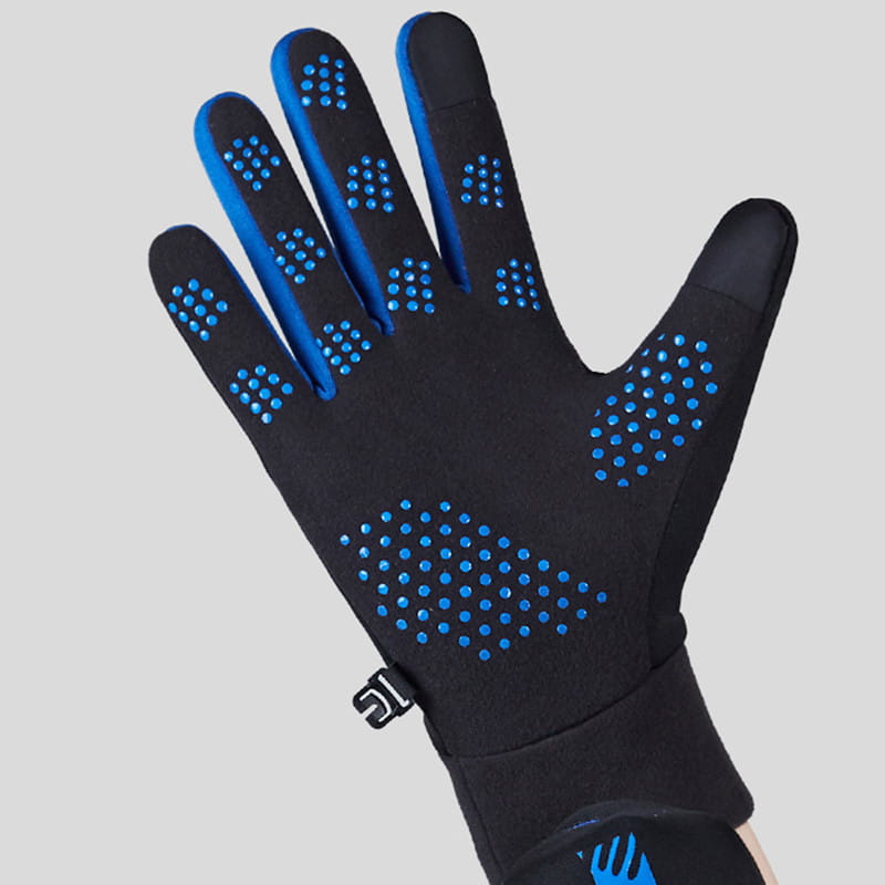 Black touchscreen sports glove with blue dotted grip patterns on fingers and palm fleece warm water repellent with a snug wrist cuff showing the palm side.