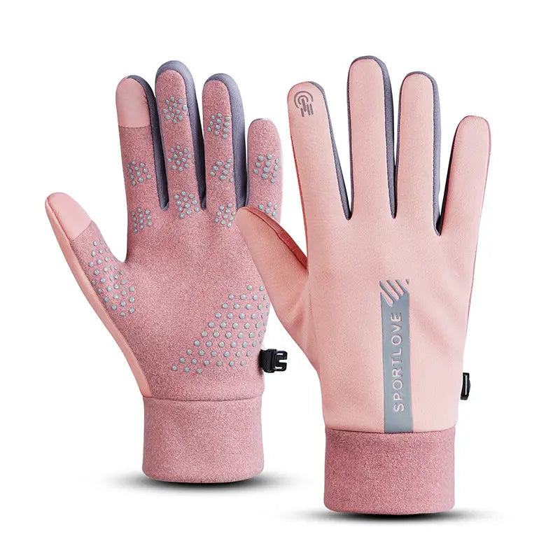 pink sportlove touchscreen sports gloves with gray accents and textured grip dots on the palms made of water repellent fleece for warmth and outdoor activities
