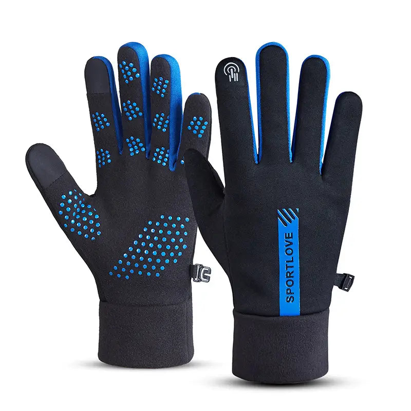 Black touchscreen sports gloves with blue accents and dotted grip patterns made of warm fleece shown from the back side featuring a sportlove logo on the wrist strap.
