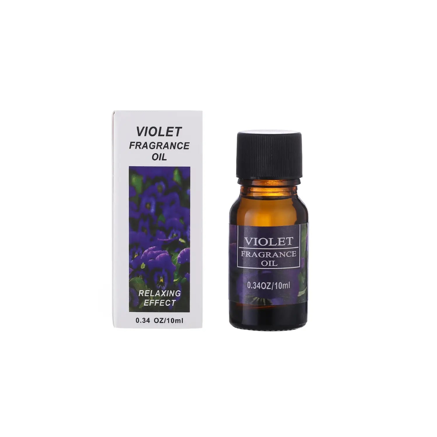 a small amber glass bottle with a black cap and label containing violet aromatherapy essential oil for humidifiers 10ml
