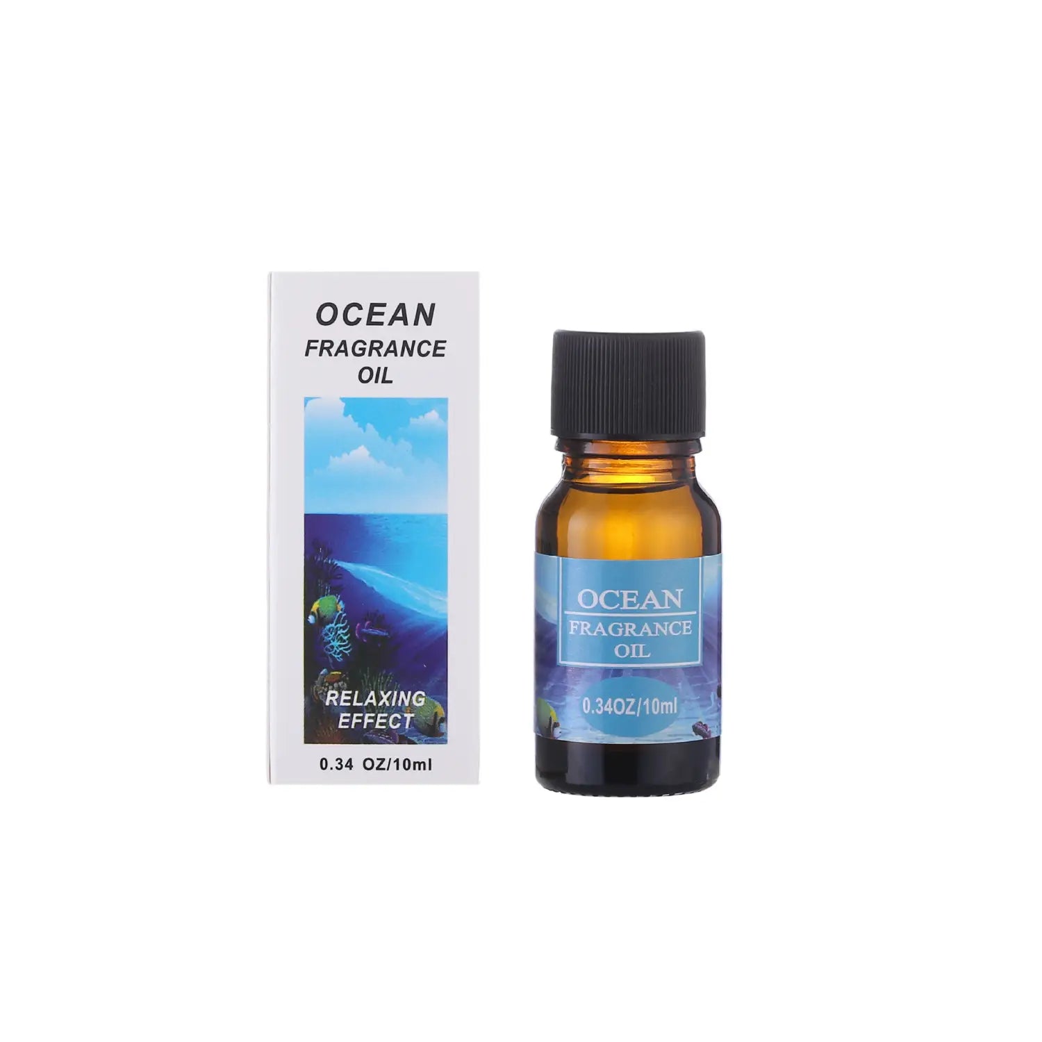 amber glass bottle with black cap and blue label reading ocean fragrance oil next to a white cardboard box with an ocean scene for aromatherapy essential oil for humidifiers 10ml