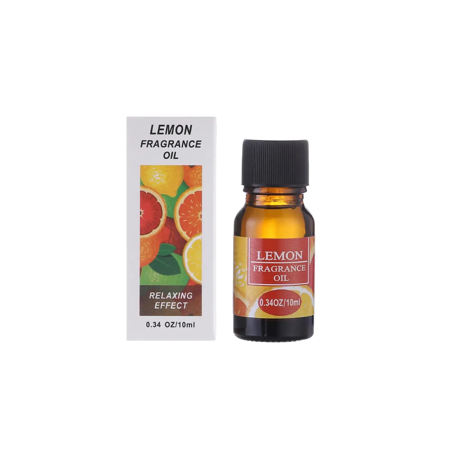 Amber glass bottle with black cap and red lemon label containing aromatherapy essential oil for humidifiers 10ml alongside its white cardboard packaging.