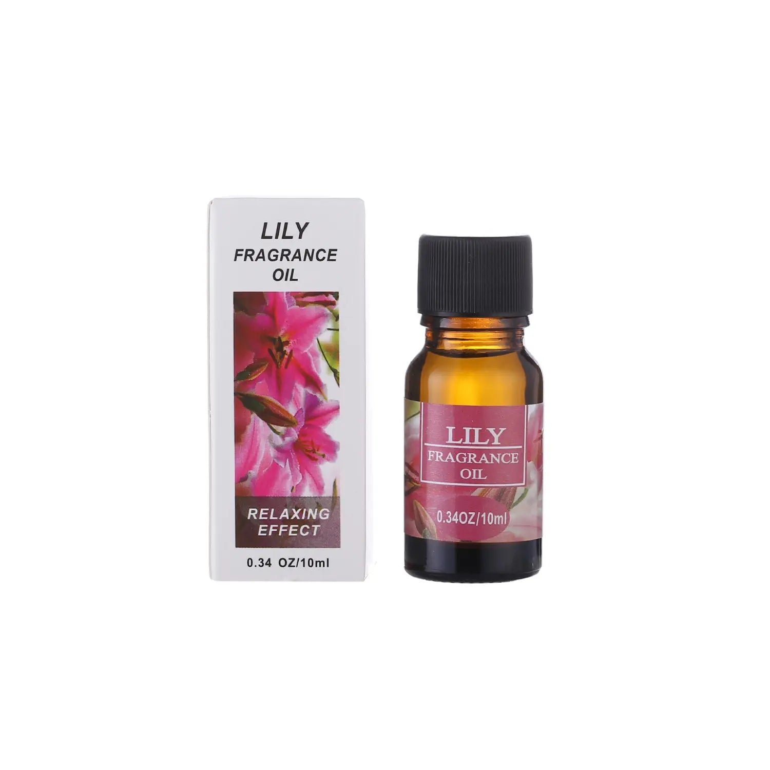 A small amber glass bottle with a black cap and pink floral label containing lily fragrance oil for aromatherapy essential oil humidifiers 10ml.