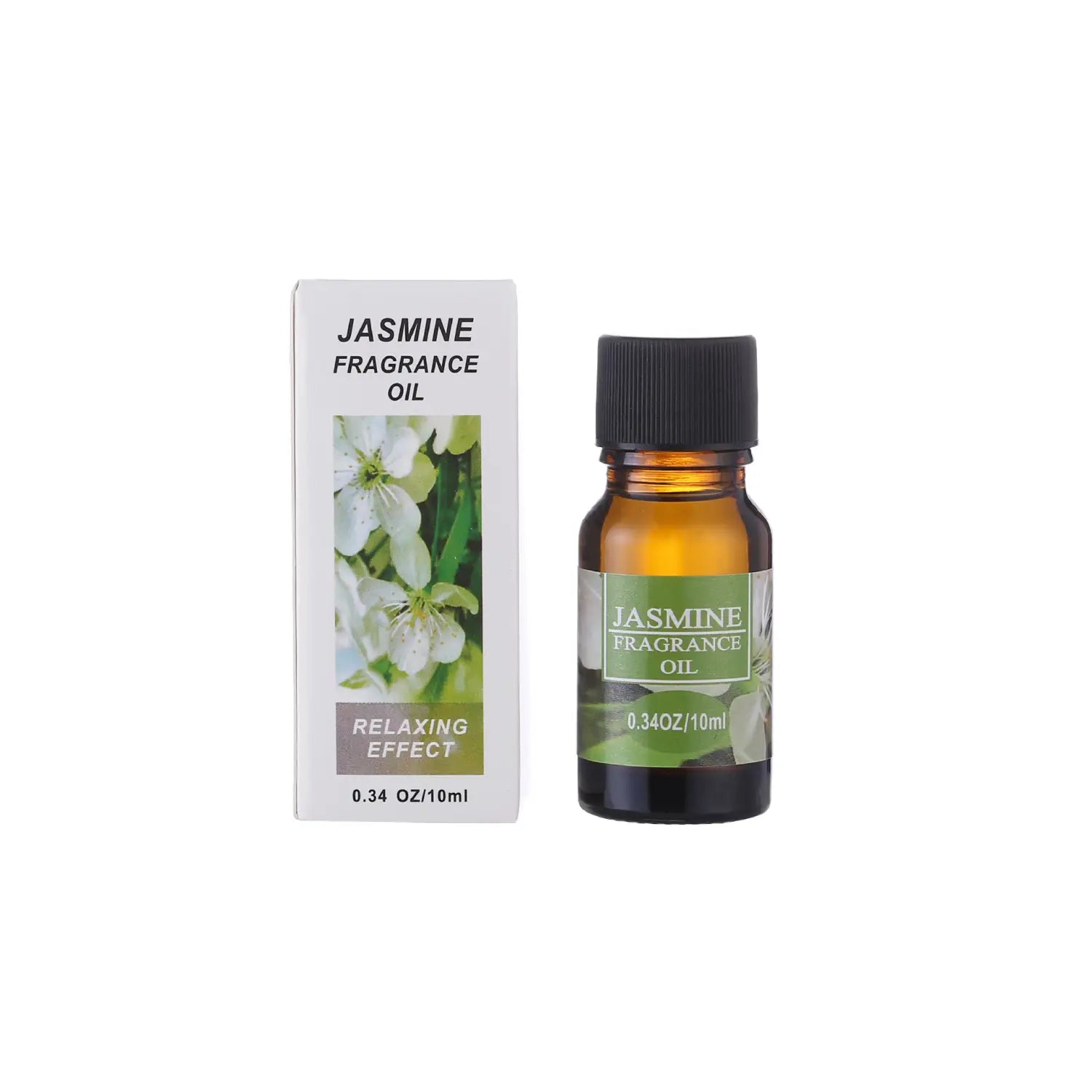A small amber glass bottle with a black cap and green label containing jasmine fragrance oil for aromatherapy essential oil use in humidifiers 10ml.