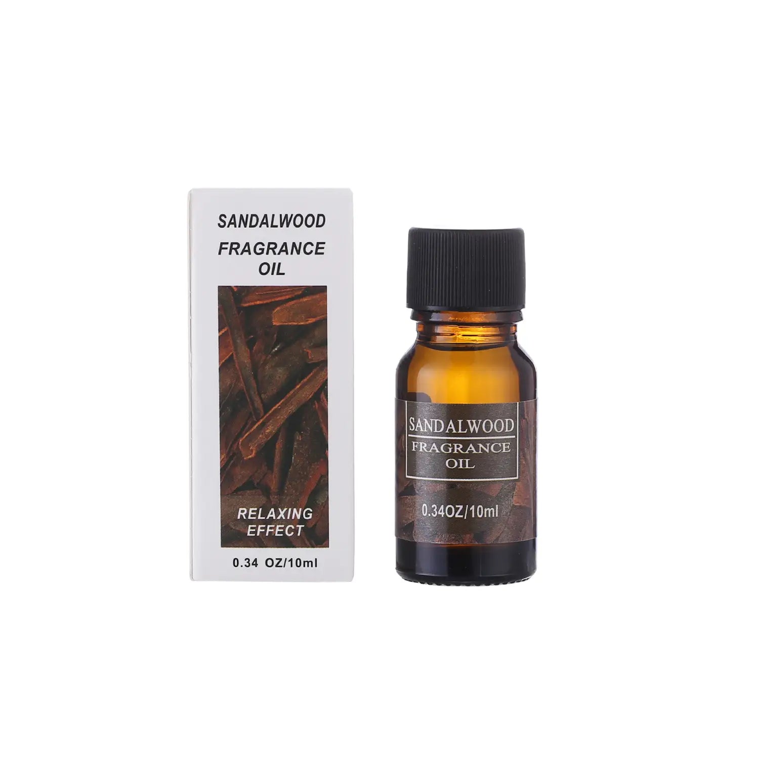 Amber glass bottle with black cap and label containing 10ml sandalwood aromatherapy essential oil for humidifiers.