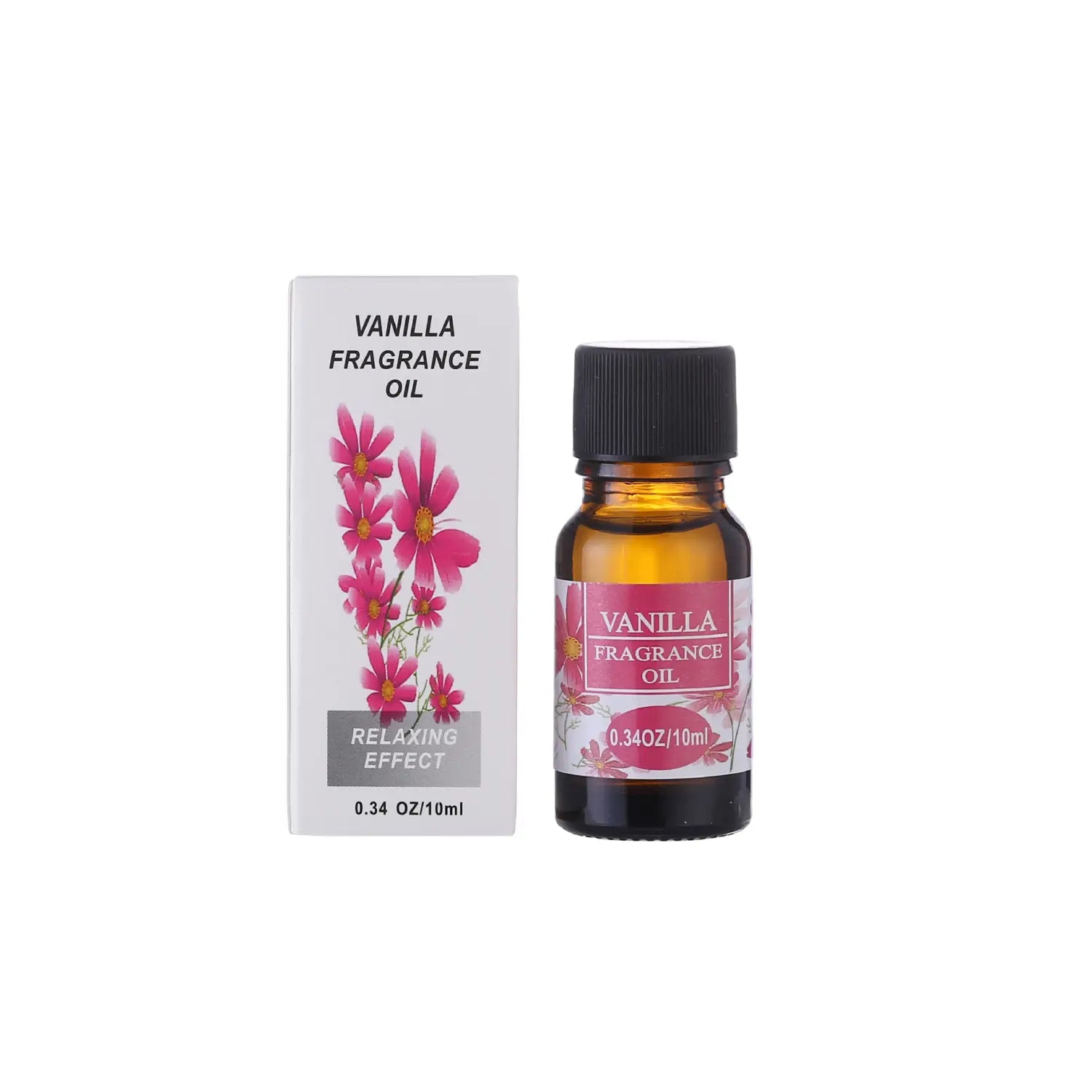 A small amber glass bottle with a black cap and pink floral label containing vanilla fragrance oil for aromatherapy essential oil humidifiers 10ml.