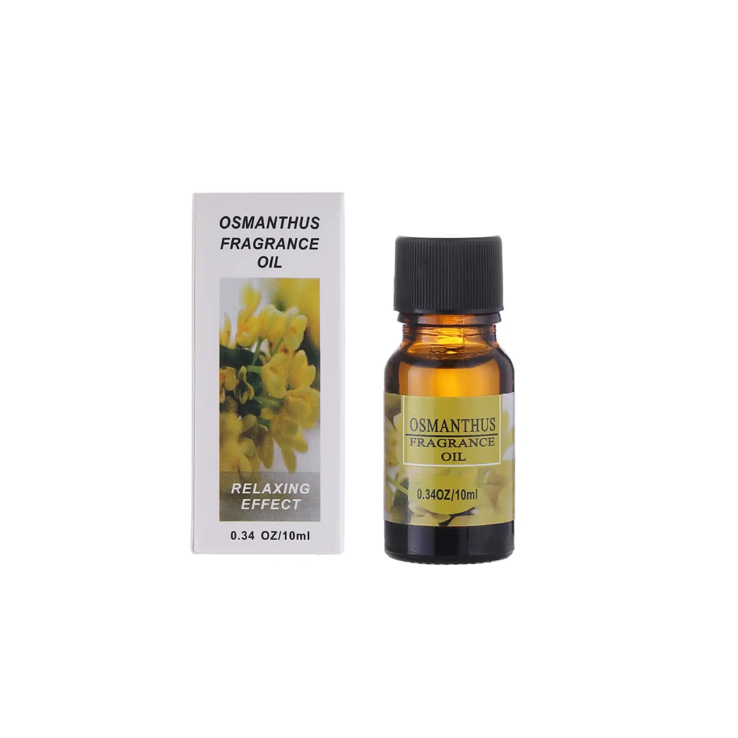 Amber glass bottle with black cap and yellow label containing osmanthus aromatherapy essential oil for humidifiers 10ml.