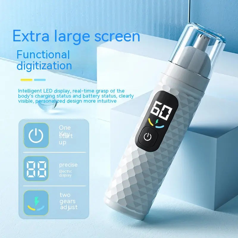 White textured electric nose hair trimmer with a clear cap and black digital display showing 60 seconds on a rechargeable type-c clipper.