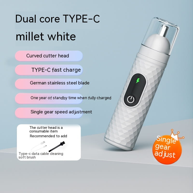 millet white electric nose hair trimmer rechargeable type-c clipper with dual core, textured body, curved cutter head, and german stainless steel blade.