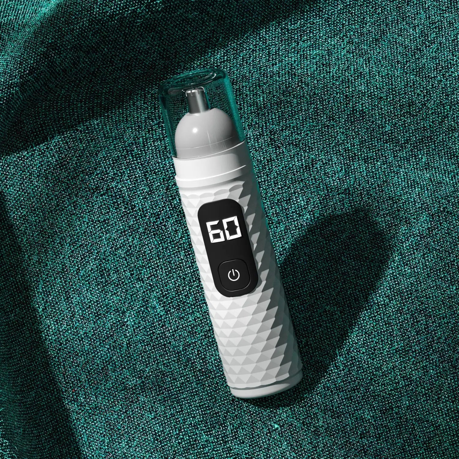 Electric nose hair trimmer rechargeable type-c clipper with white and teal digital infrared thermometer, textured grip, black display showing 60 seconds, and power button.