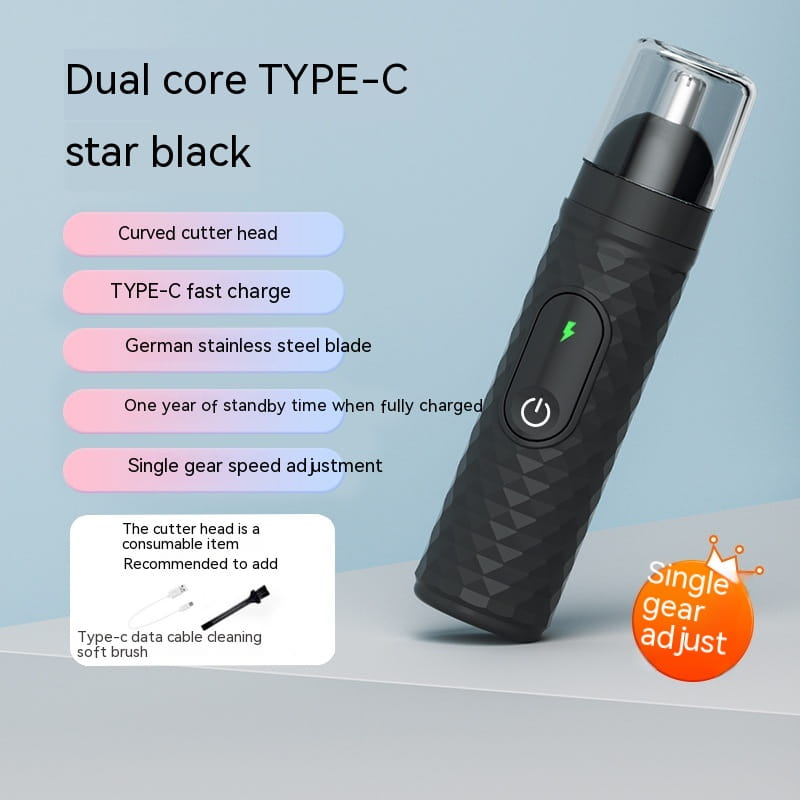 Black dual-core type-c rechargeable electric nose hair trimmer featuring a curved cutter head and german stainless steel blade for precise grooming