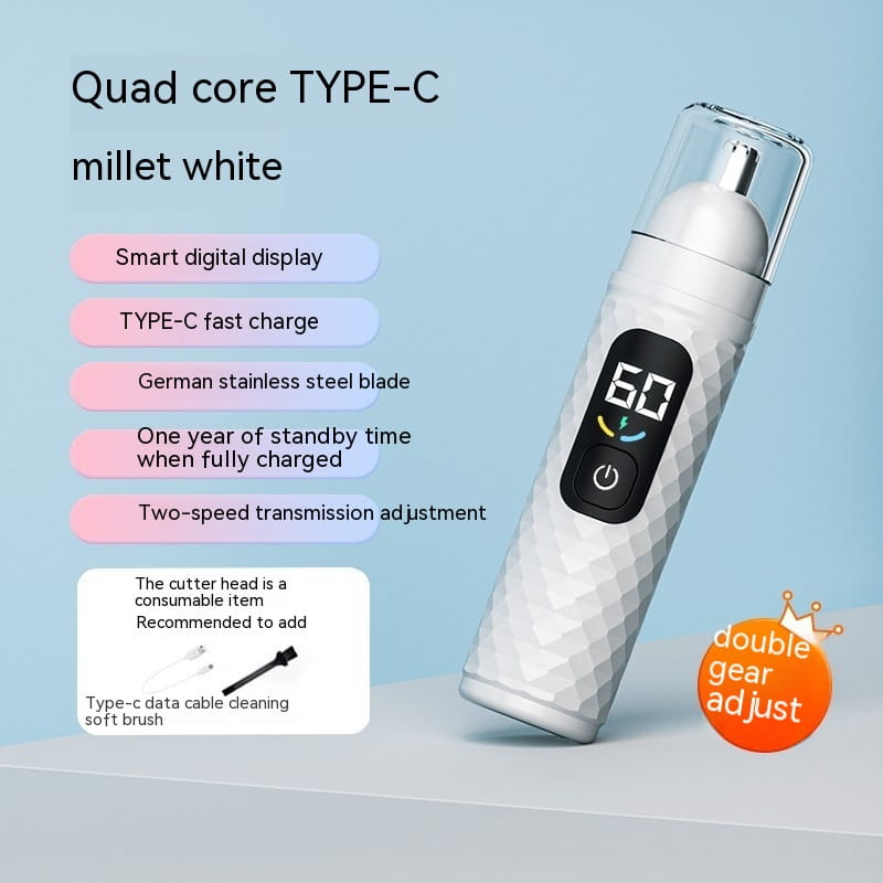 Millet white quad core type-c rechargeable electric nose hair trimmer with diamond-patterned body and digital display showing 60 seconds remaining on the timer