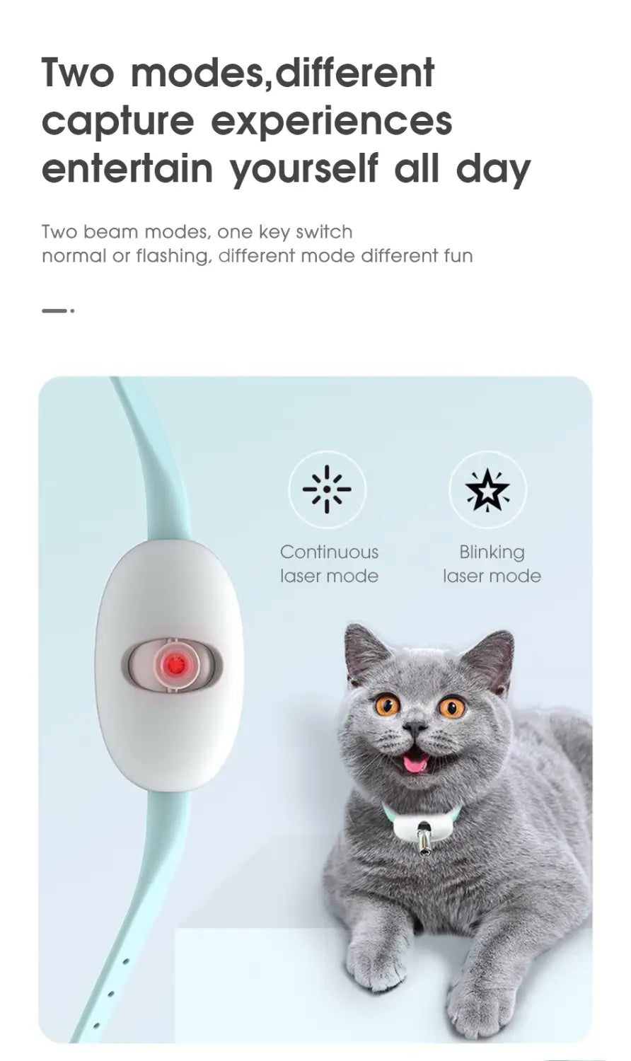 スマートレーザー猫用首輪のインタラクティブUSBトレーニング用おもちゃからペットとのふれあいに用いる、白い楕円形の本体と赤いレンズを備えた、連続または点滅モード対応の薄い水色のレーザーポインター。