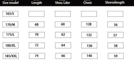 The table displays size model information including length shoulder width chest measurement and sleeve length for the Maillard leather bomber jacket with shearling lining.