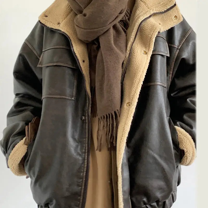 dark brown leather Maillard bomber jacket with tan shearling lining and cuffs.