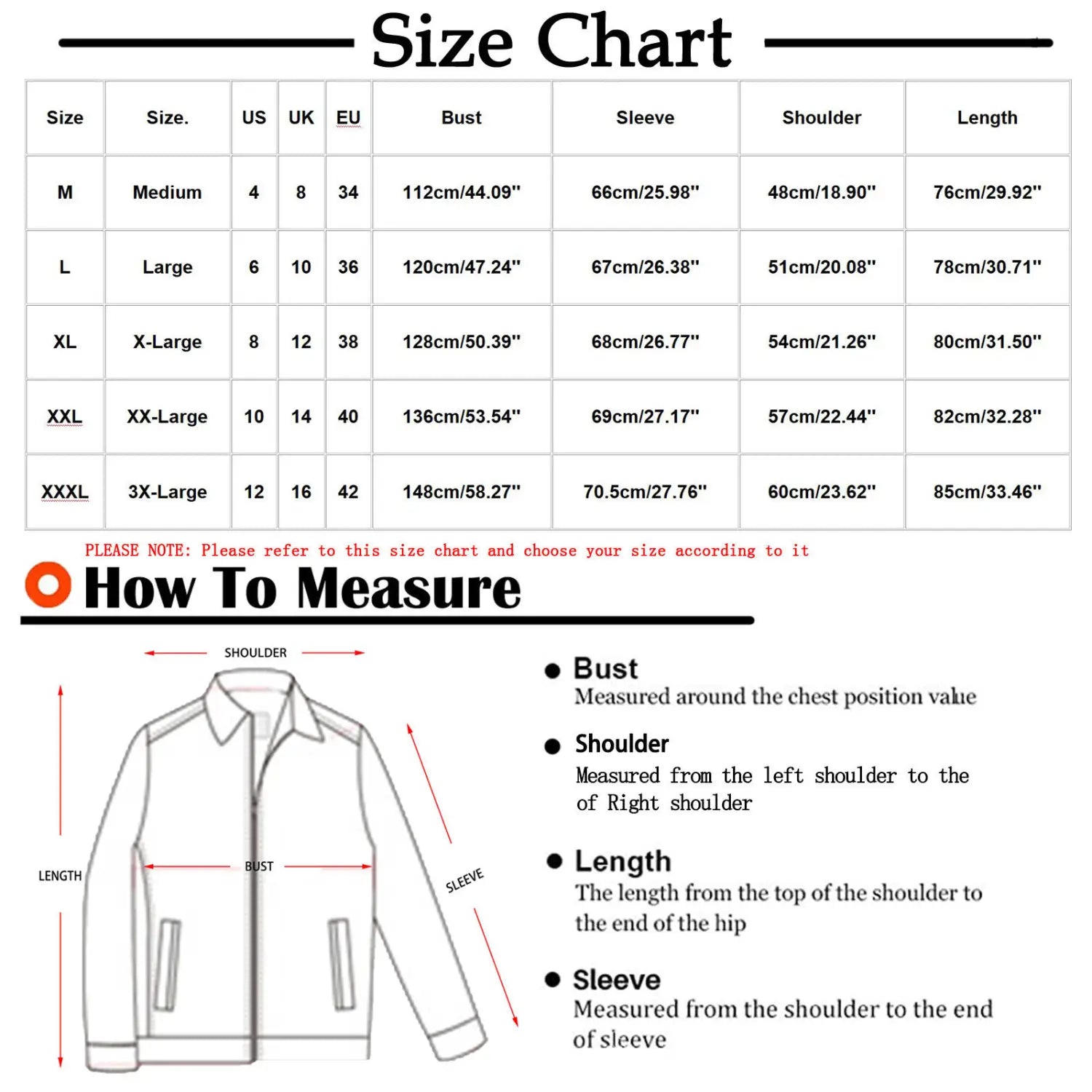 Size chart for a medium to xxxl men’s fleece lined plaid flannel hooded shirt displaying bust sleeve shoulder and length measurements in metric and imperial units with clear labels.
