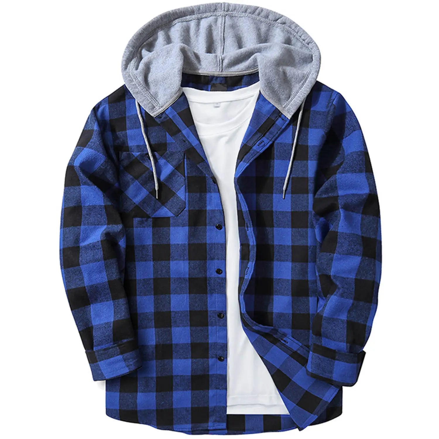 Men’s fleece lined plaid flannel hooded shirt in blue and black with a gray fleece-lined hood.