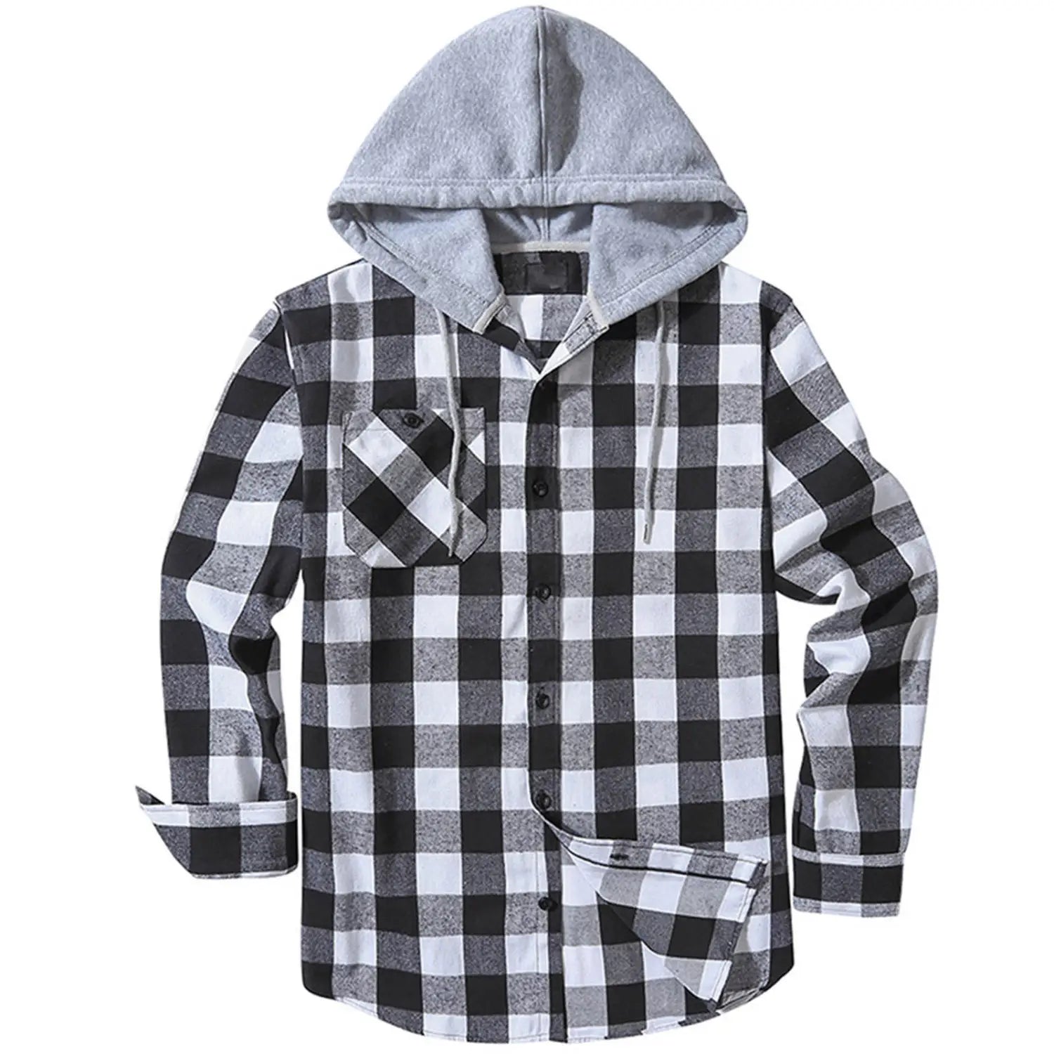 Men’s fleece lined plaid flannel hooded shirt in black and white checkered pattern with gray fleece lined hood.