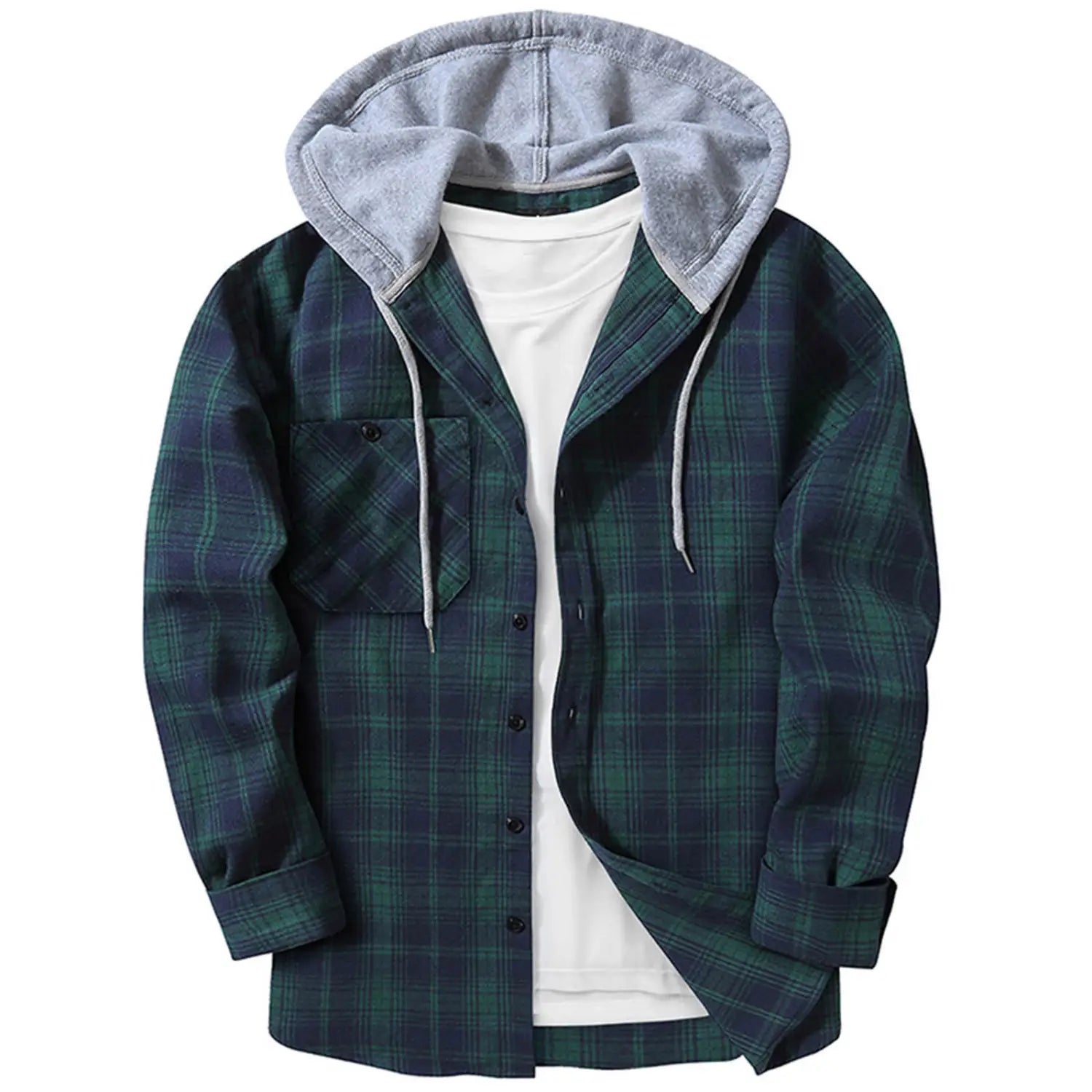 Men’s fleece lined plaid flannel hooded shirt in dark green and navy with a soft gray fleece-lined hood made from warm flannel material.
