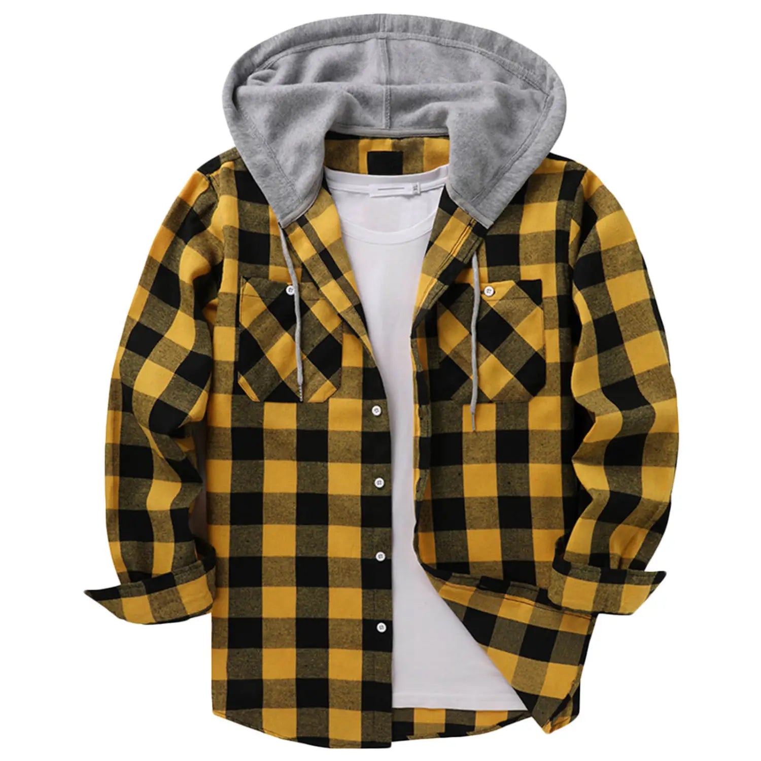 Men’s fleece lined plaid flannel hooded shirt in yellow and black with a gray fleece lined hood.