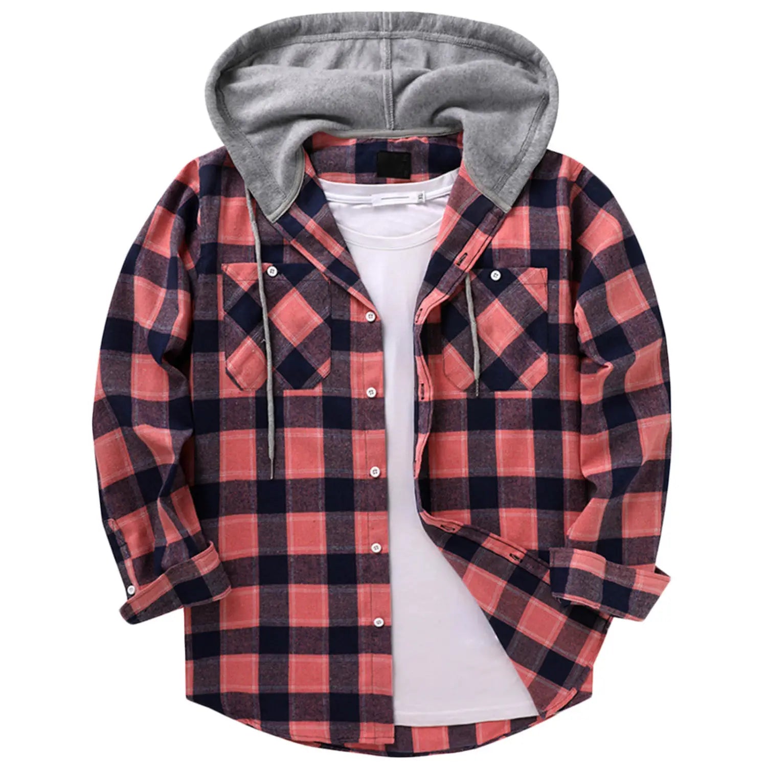 Men’s fleece lined plaid flannel hooded shirt in bold red and black with gray fleece lining designed for warmth and comfort.