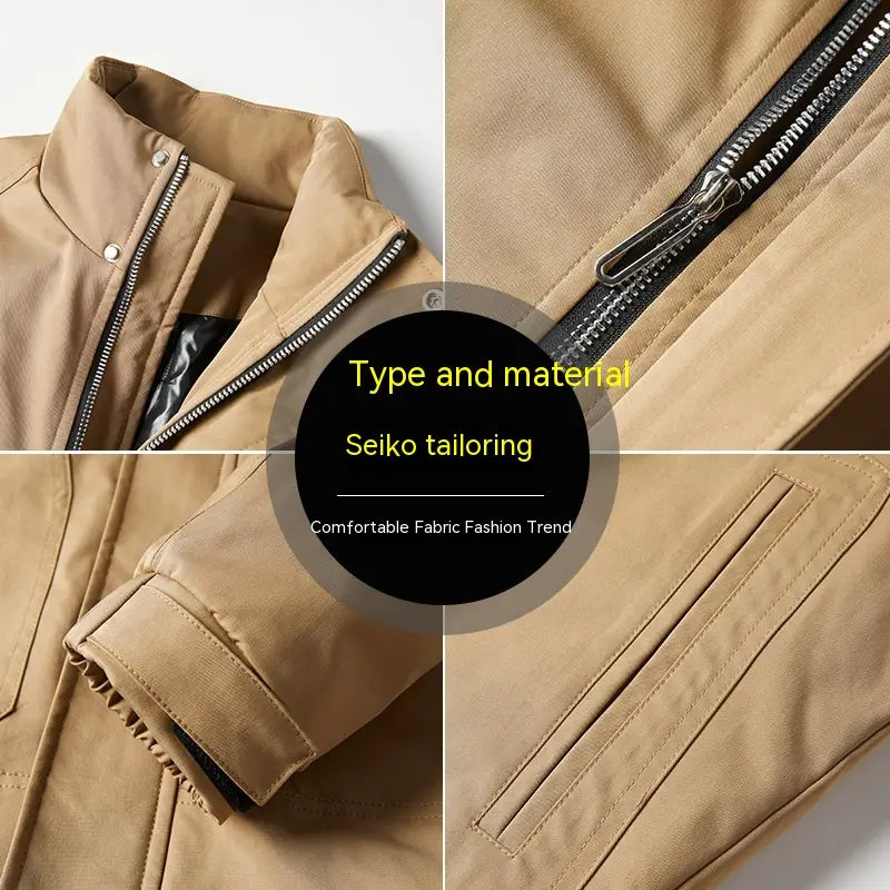 Herren-Steppjacke für Arbeitskleidung in Beige mit Steppdesign, schwarzem Reißverschluss, silberfarbenen Beschlägen und seiko-schneiderhandwerk-Branding.