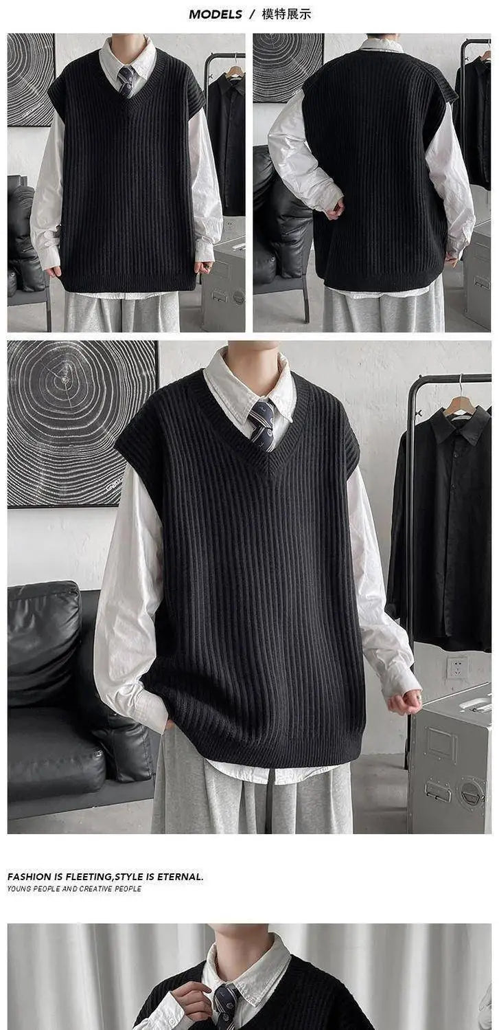 Herren-Plusgröße V-Ausschnitt-Strickweste ohne Ärmel in Schwarz, gerippt gestricktes Design.