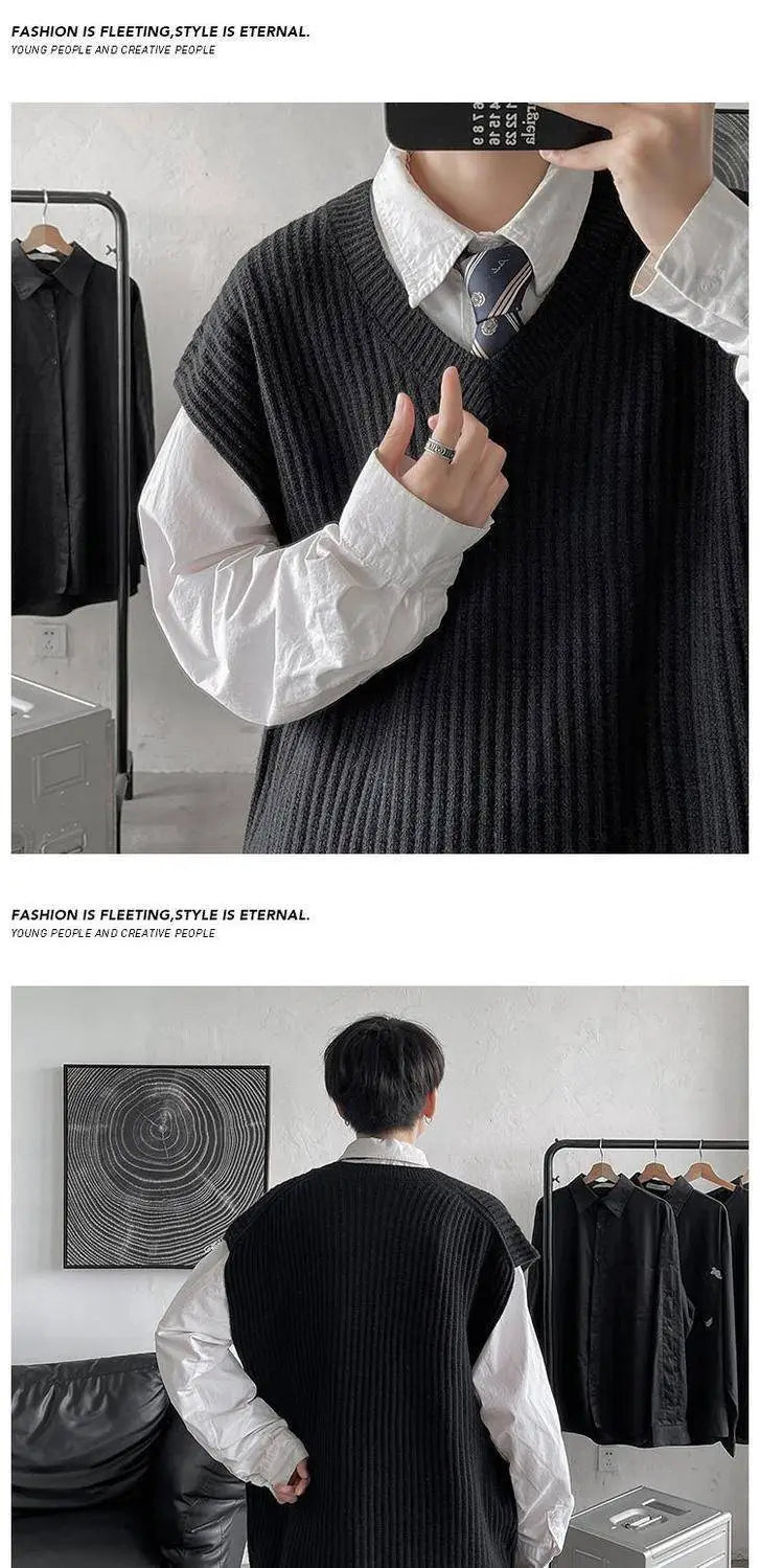 Herren-Plusgröße schwarze gerippte V-Ausschnitt-Strickweste aus Strickmaterial, getragen über einem weißen Hemd mit Kragen.