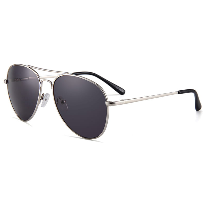 Silver retro metal aviator sunglasses with uv400 gradient dark gray lenses and black temple tips.