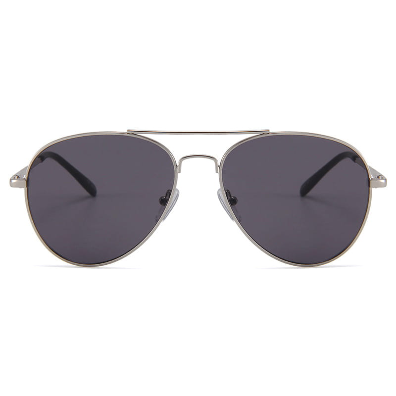 Silver aviator sunglasses with dark gray UV400 gradient lenses and a sleek metal frame designed for UV protection.