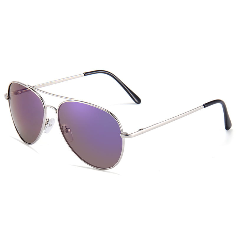 Silver retro metal aviator sunglasses with purple mirrored uv400 gradient lenses and black temple tips.