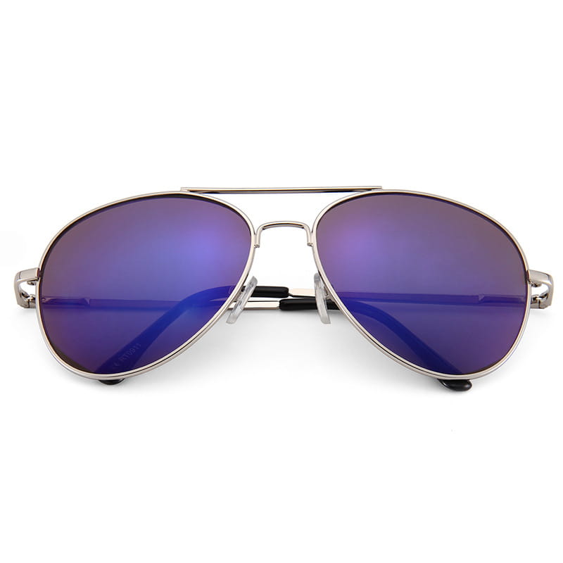 Silver-framed retro metal aviator sunglasses with uv400 gradient reflective purple lenses.