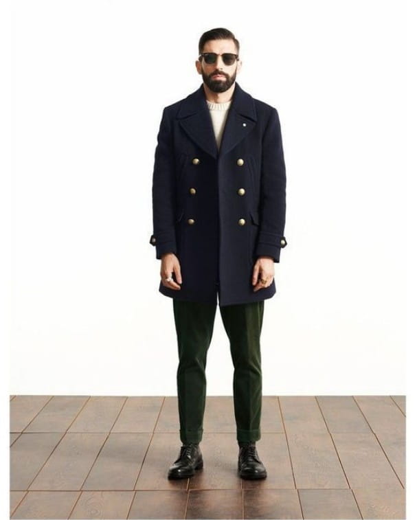 Navy blue double-breasted wool overcoat with gold-toned buttons displayed in a product titled olive green wool double-breasted coat.
