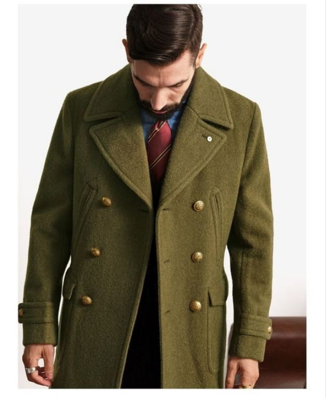 olive green wool double-breasted coat with gold-toned buttons featuring a classic tailored fit.