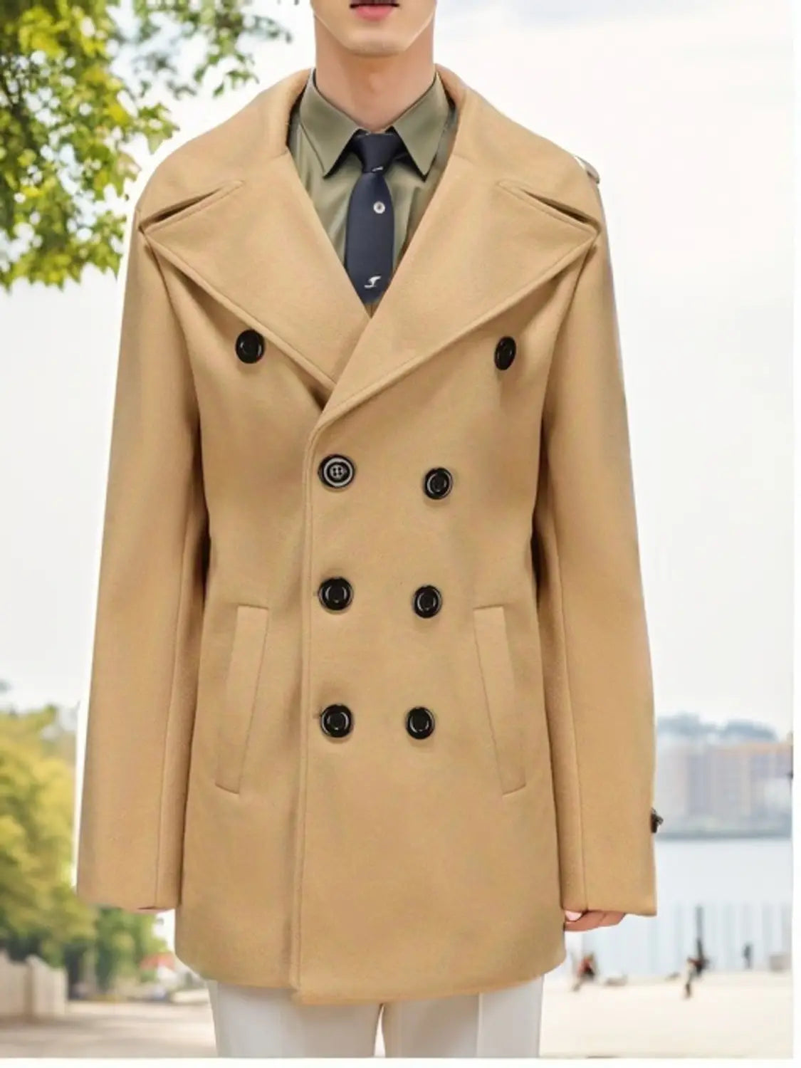 Beige double-breasted wool overcoat with black buttons and notched lapels featured in an olive green wool double-breasted coat product.