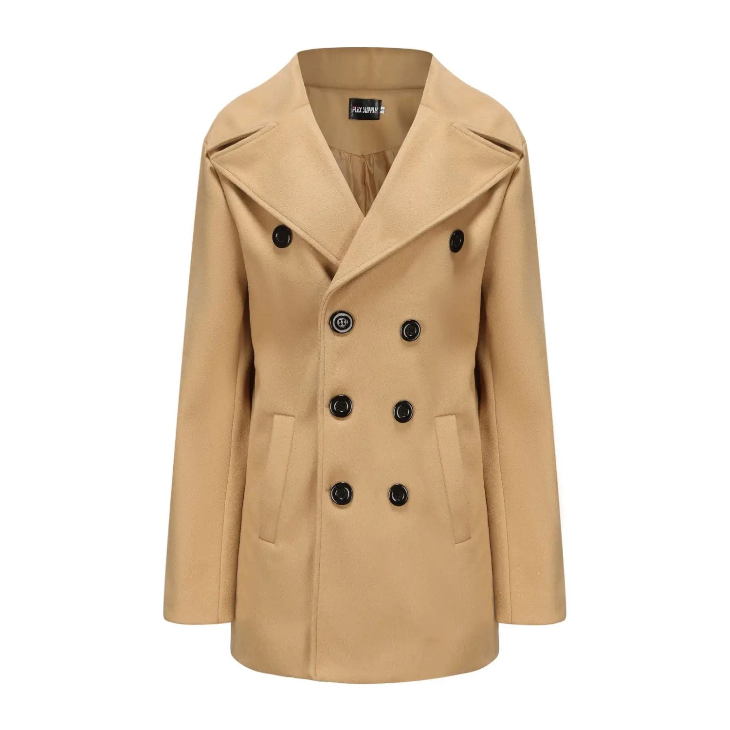 Beige wool double-breasted peacoat with black buttons and a notched collar featured in the olive green wool double-breasted coat product.