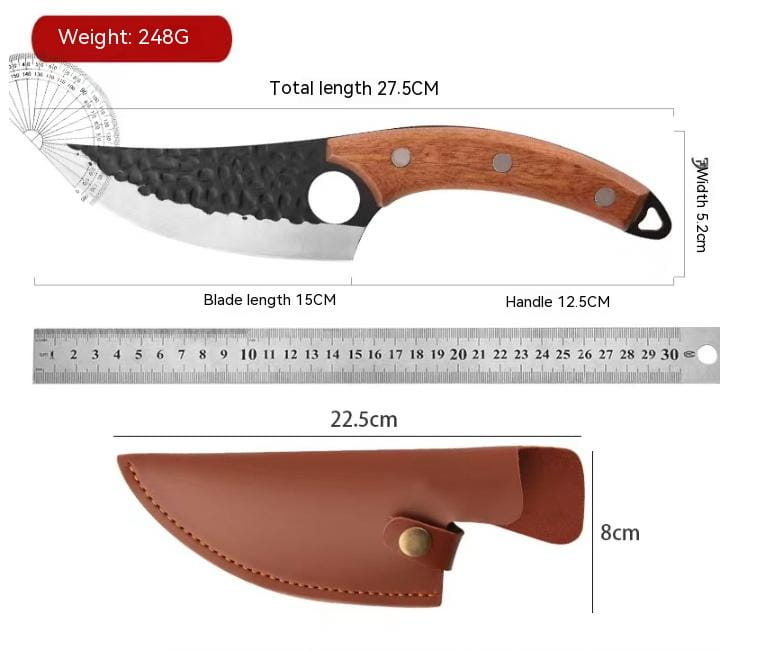 Cuchillo deshuesador de acero forjado con una hoja de acero forjado negro, mango de madera con tres remaches metálicos y un orificio ovalado para el dedo, con una longitud de 27,5 centímetros y un peso de 248 gramos, acompañado de una funda de cuero marrón.