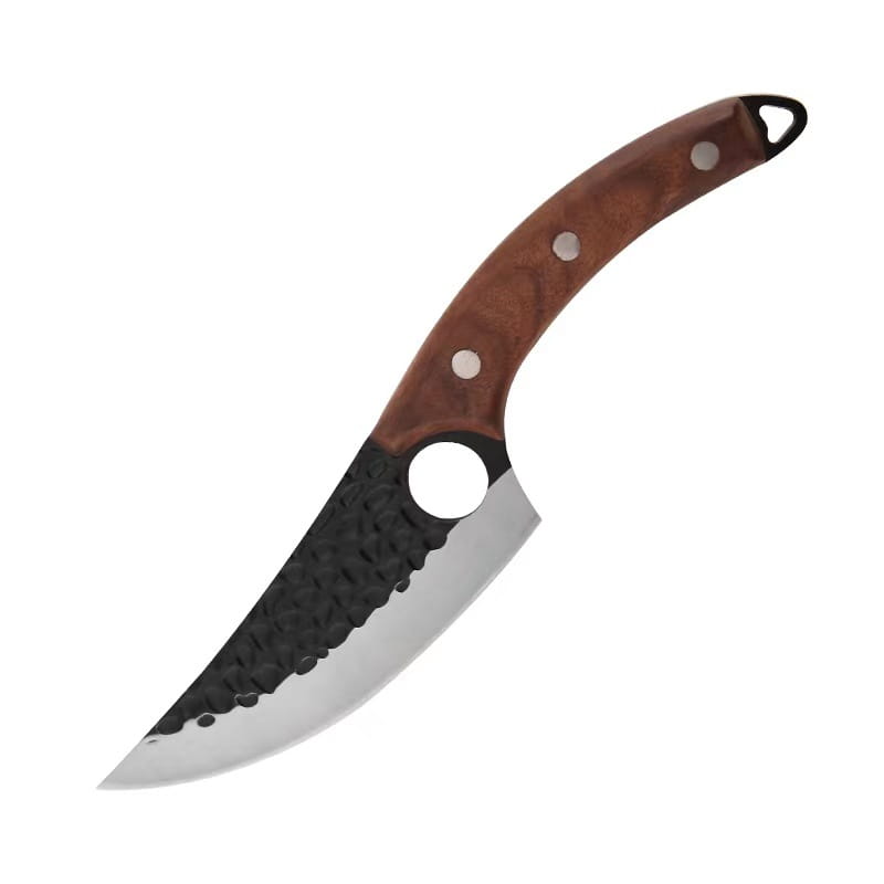 Cuchillo deshuesador de acero forjado elegante con una hoja curva en negro y plata y un mango de madera de color marrón intenso, sujeto mediante tres remaches metálicos.