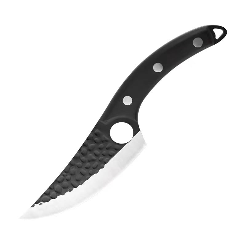Cuchillo deshuesador de acero forjado con mango negro, tres remaches plateados y funda de cuero.