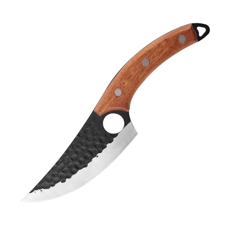 Cuchillo deshuesador de acero forjado con una hoja curva forjada negra y plateada de líneas elegantes y un mango de madera de color marrón cálido, sujeto mediante tres remaches metálicos.