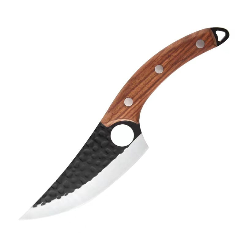 Cuchillo deshuesador de acero forjado con una hoja curva de diseño elegante con un acabado texturizado de acero forjado, un guardamanos negro y un mango de madera con tres remaches plateados.